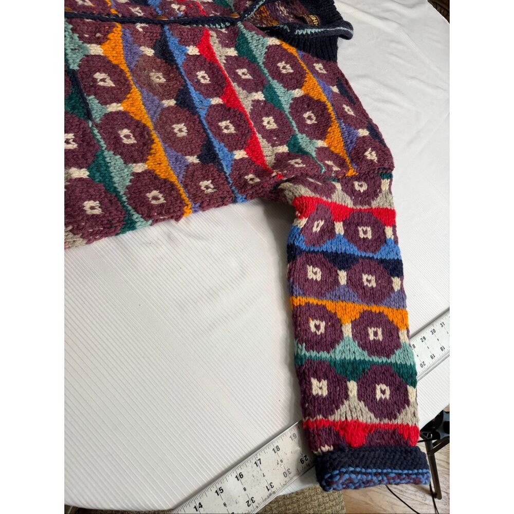 Artesanias Ishka Colorful Geometric Wool Heavy Knit Ecuador Sweater Jacket Sz XL - Picture 4 of 11